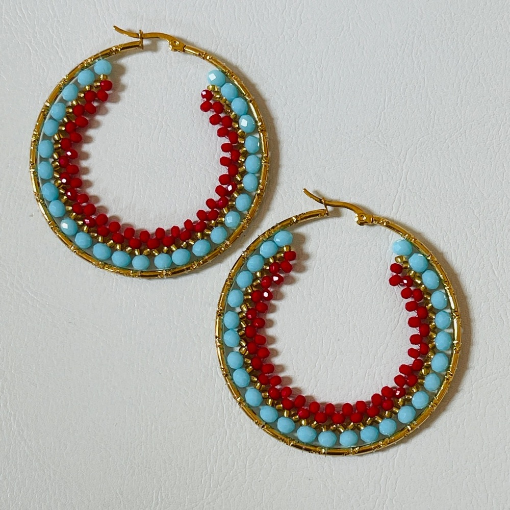 Gold Plate Blue and Red Beaded Hoop Earrings